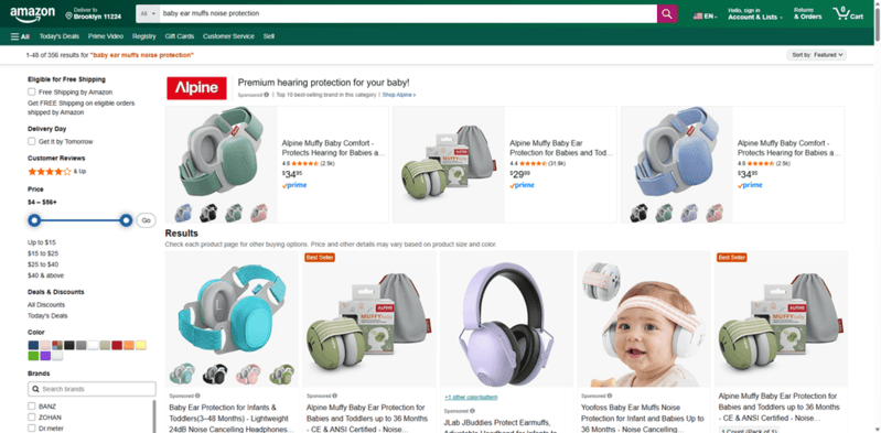 Sponsored Brands banner with logo, tagline, and product lineup displayed above Amazon search results